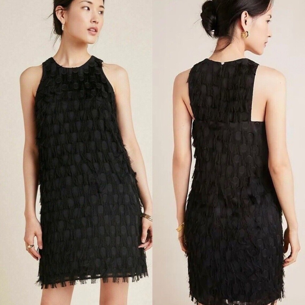 Anthropologie Black Roxie Textured Fringe Polka Dot Mini Dress 12